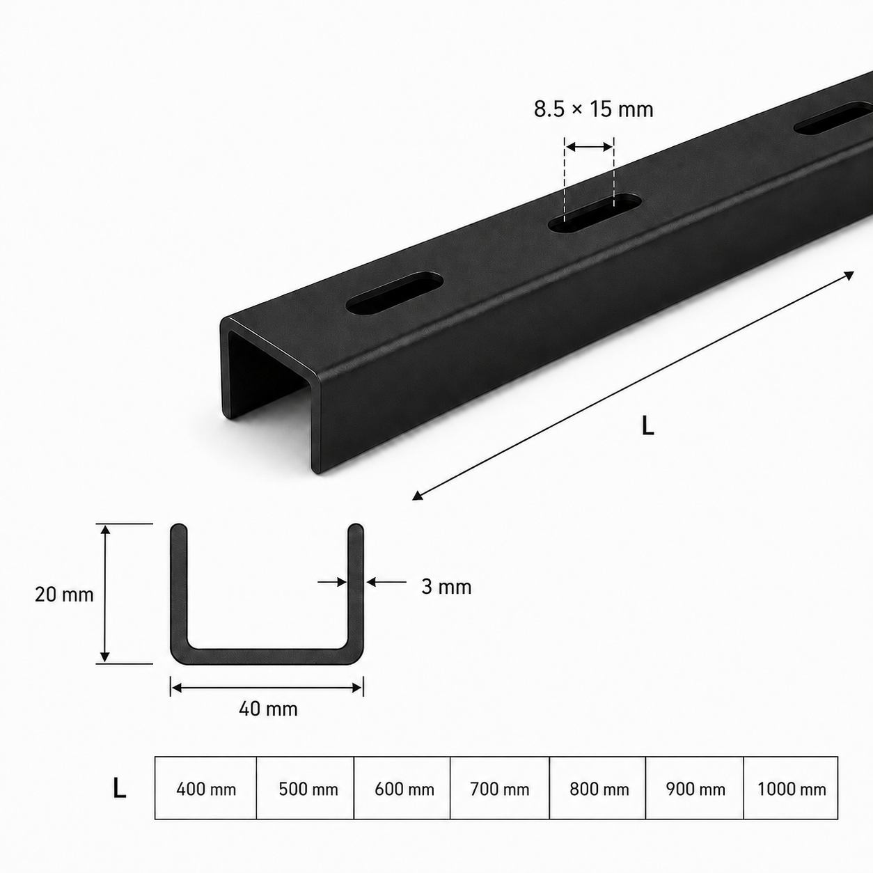Tischplatten-Verstärkung U-Profil schwarz (3er-Set)